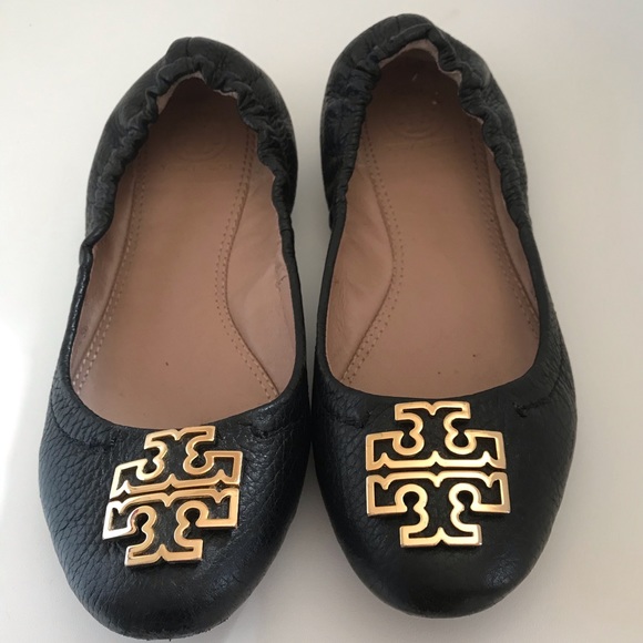 Tory Burch Pebbled Leather Monogram Flats - Black - Picture 3 of 4